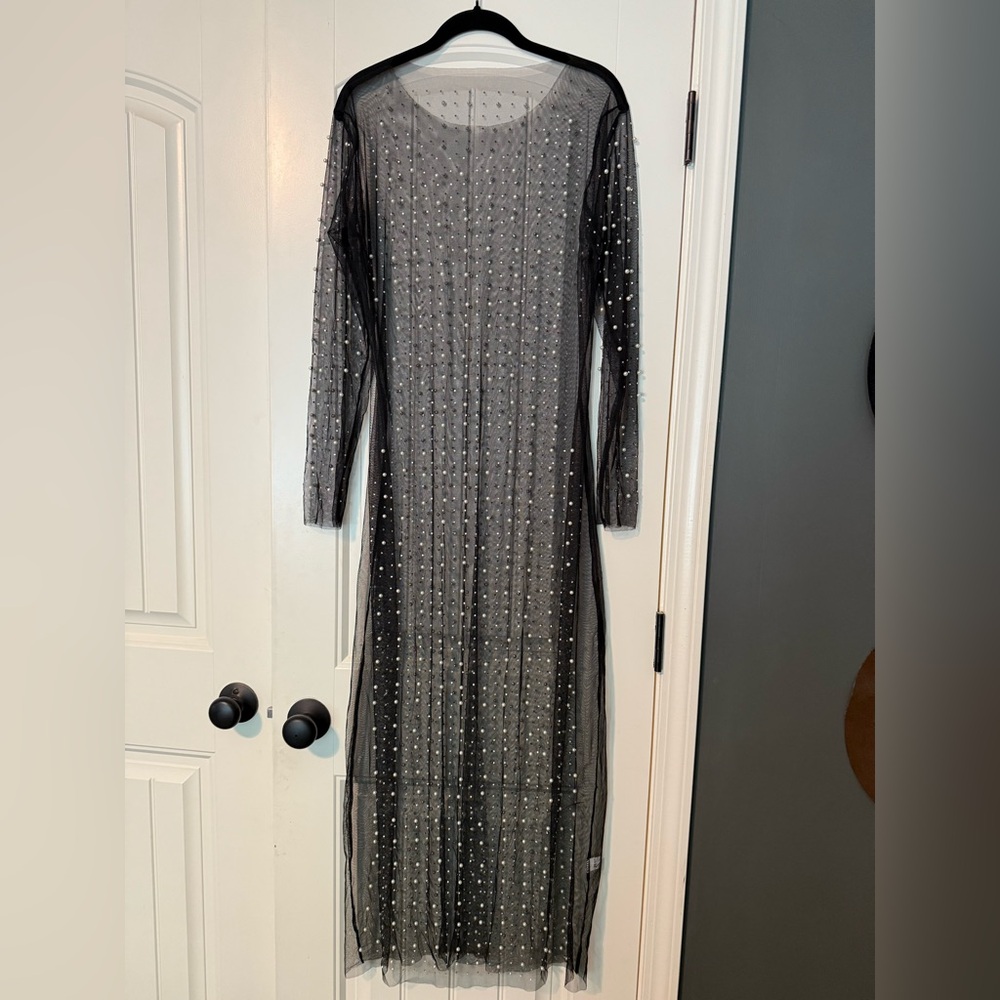 Elegant Black Sheer Dress with Pearl Accents